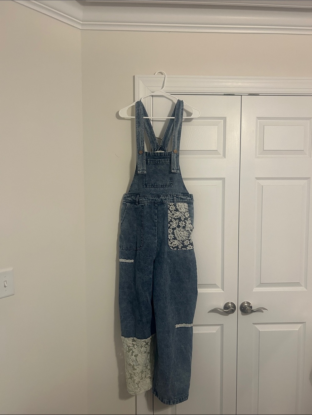 Mello Denim Floral Patchwork and Lace Overalls - NWOT